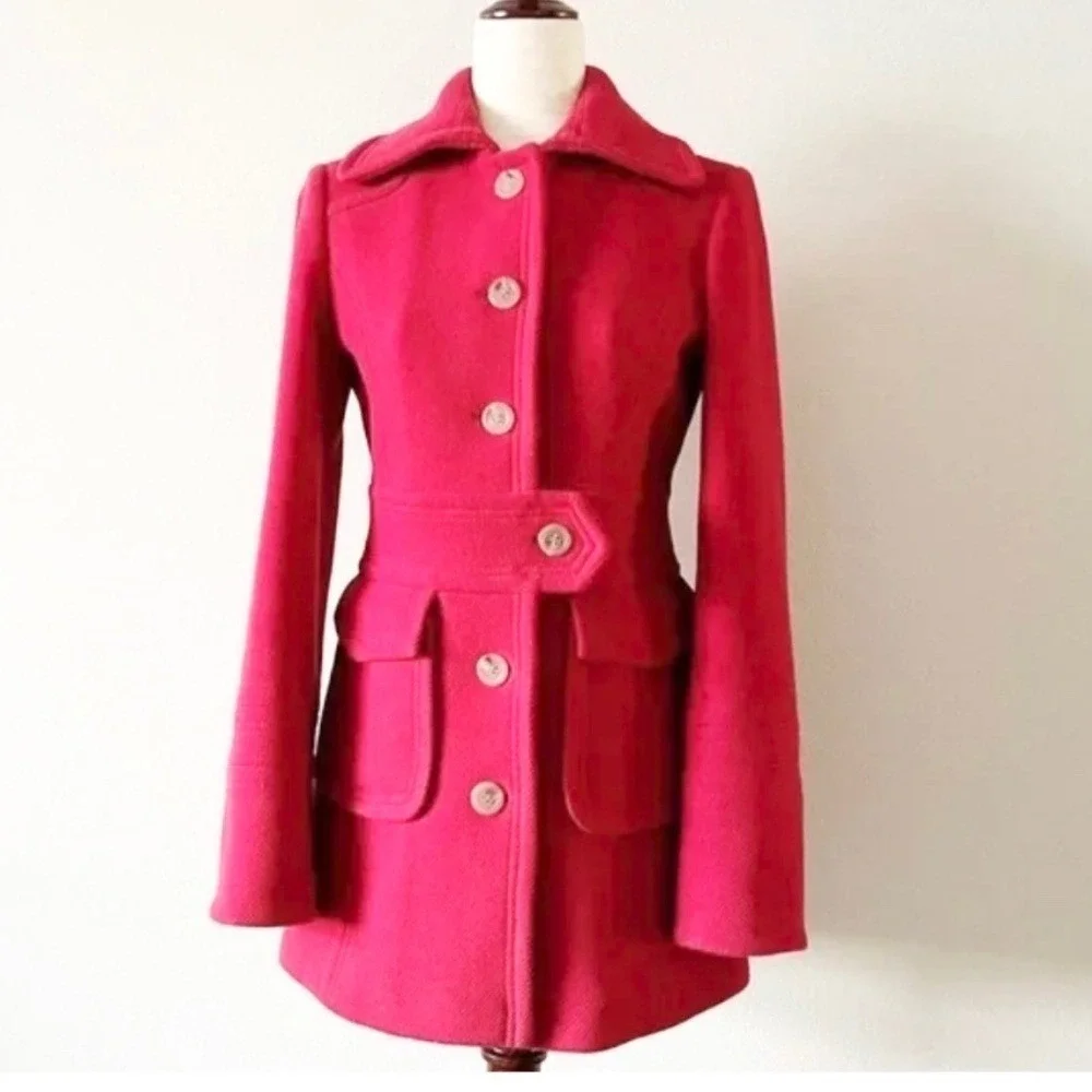 J. Crew Classic Red Wool-Blend Button-Down Polo Trench Coat Belted Sz 8 - Picture 1 of 15